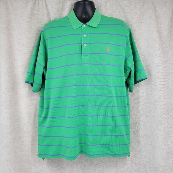 Polo Ralph Lauren Golf Green Blue Stripes Polo Shirt Short Sleeves Men's Large - Picture 1 of 10